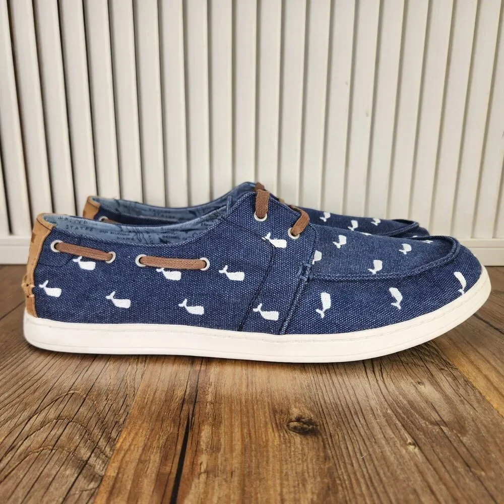 Toms Oceana Whale Print Boat Shoes Men's 12 Blue Canvas Casual Comfort Dockside